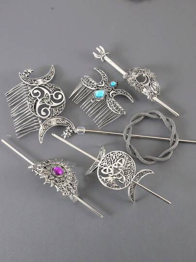 1件复古金属日月宫廷图腾波西米亚锌合金发夹发髻器发饰，四季皆宜，发髻发饰，发型发夹，发饰，头部饰品