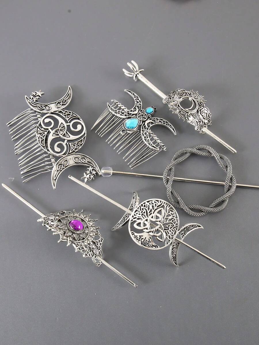 1件复古金属日月宫廷图腾波西米亚锌合金发夹发髻器发饰，四季皆宜，发髻发饰，发型发夹，发饰，头部饰品 - 彩色 - 查看 1