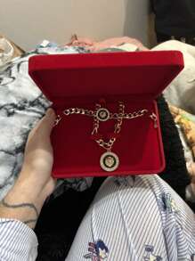 1PC (Give Her A Complete Set Of Romance) Retro Simple Rings, Necklaces, Bracelets, Jewelry, Gold, Jade, Jewelry, Jewelry Sets, High-Grade Flannel Storage Sets, Jewelry Display Props, Wedding Gift Essentials (Red, Gray Optional) Valentine Day Back To School