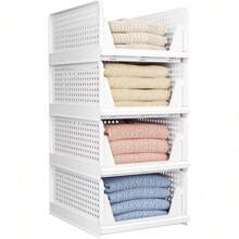 5 Pack Folding Closet Organizers Storage Box, Stackable Storage Bins, Plastic Drawer Basket Closet Storage For Wardrobe Cupboard Kitchen Bathroom Office White-5L