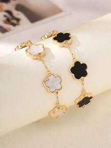 Set de 2 pulseras con diseño clásico de trébol en blanco y negro de moda