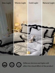 3Pcs Shallow Grey Ruffle Edge Soft & Cozy Bedding Set, Suitable For Bedroom And Guest Room - Light Grey - View 4