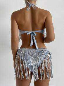 Bikini de corte halter con flecos de lentejuelas contrastantes - Celeste - Ver 2
