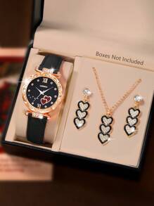 SOKI SOKI 母亲节女士手表套装，时尚精致的圆形石英表搭配心形吊坠项链和耳环，这款首饰套装非常适合日常佩戴、生日礼物、开学季、感恩节和浪漫场合，是馈赠佳品。（不含包装盒） - 黑色 - 查看 1