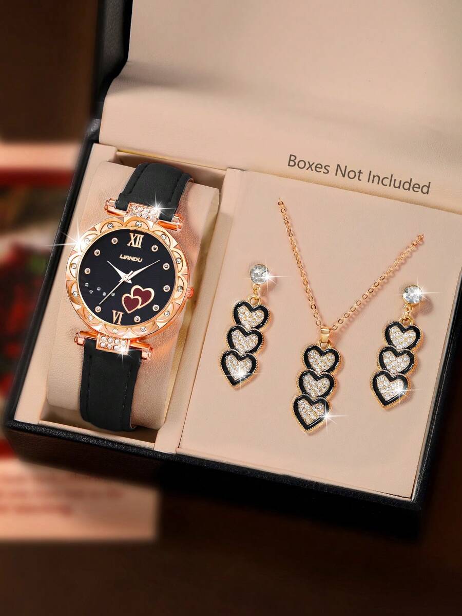 SOKI SOKI 母亲节女士手表套装，时尚精致的圆形石英表搭配心形吊坠项链和耳环，这款首饰套装非常适合日常佩戴、生日礼物、开学季、感恩节和浪漫场合，是馈赠佳品。（不含包装盒） - 黑色 - 查看 1