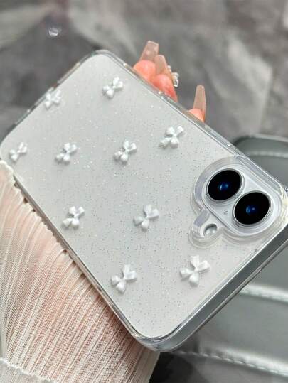 Cute White Bow & Glitter Transparent Background Epoxy Phone Case Compatible With IPhone 17/17Air/17Pro/17ProMax/16/15/14/13/12/11/X/XS/XR/Mini/Pro Max/Pro/Plus TPU All-Inclusive Soft Case
