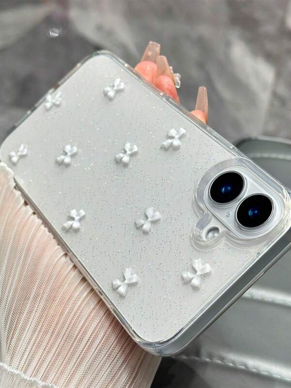 Capa de telefone epóxi transparente com laço branco e glitter, compatível com iPhone 16/16Plus/16Pro/16ProMax/15/14/13/12/11/X/S/XR/Mini/Pro Max/Pro/Plus TPU, capa macia com tudo incluído