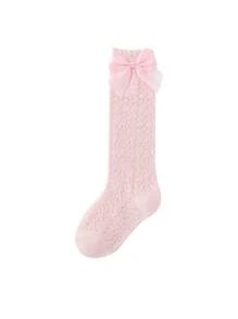 1 Pair Girls' Spring/Summer Mid-Calf Socks, Net Mesh Leg Warmers, Bow Decor Knee High Thin Socks