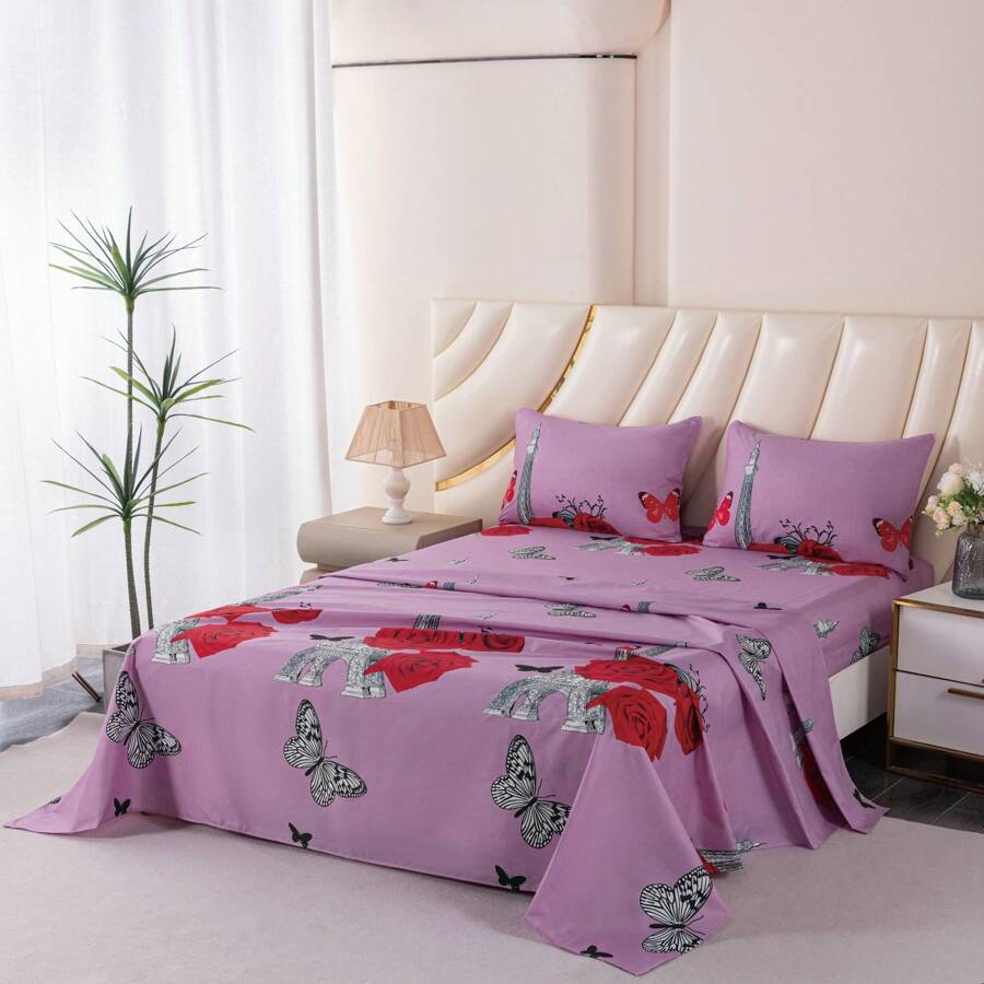 Princess King Size Sheet Set For Kids Girls Pink Butterfly Flower Bed Sheet Set 4PCS Kawaii Pink Diamond Heart Pattern Teen Girls Women Room Decor Flat Sheet Set 2 Pillowcases - XLPHSJT-03 - 查看 1