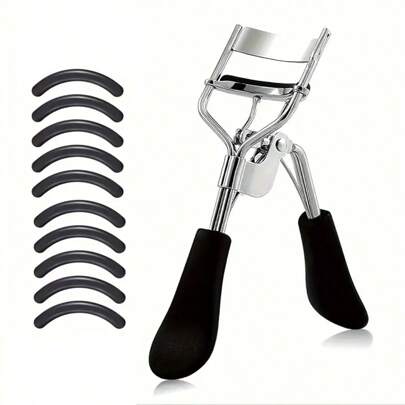 Portable Eyelash Curler With 10 Extra Replacement Pads, Stainless Steel Curved Handle Eyelash Curler, For Curling Eyelashes, Harmless To Lashes, Lift Eyelashes, Make Eyes Look Bigger, Suitable For Women (Black)