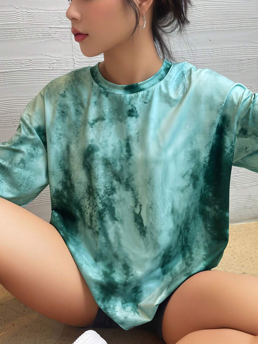 女士宽松圆领短袖运动上衣，休闲衬衫，Y2K 2024 基本款夏季T恤 - 綠色 - 查看 1