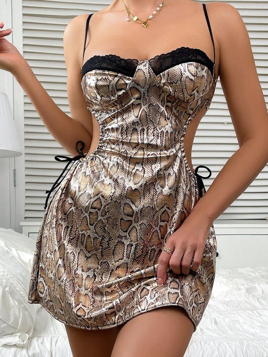 蛇皮印花抽绳性感吊带裙，展现迷人身材，适合夜店、商务、狂欢 - 彩色 - 查看 1