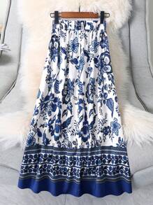 Women Printed High Waist Flattering Blue Skirt, Versatile Design - Blue - View 2