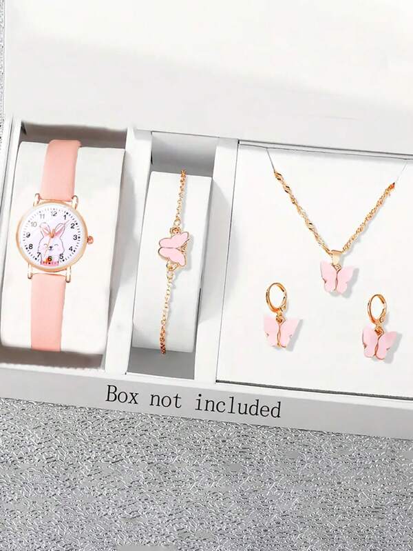 5pcs Set: Casual Fashion White Dial Rabbit Quartz Watch With Butterfly Bracelet, Necklace & Earrings, Animal Texture Gift Set For Kids, Suitable For Holiday/Vacation