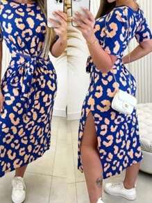 Women's Long Viscose Dress With Leopard Print Knit - Blue - View 2