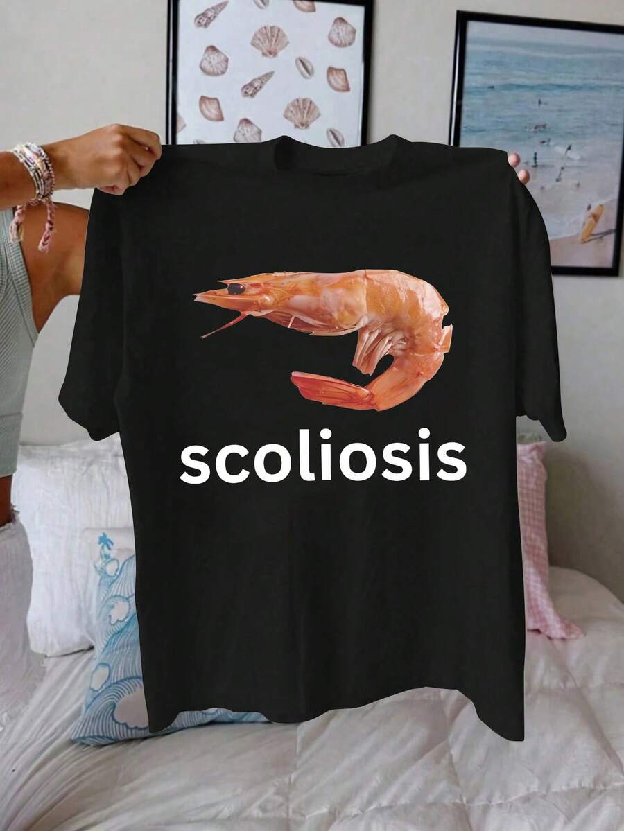 Women's Funny Letter Print Round Neck Short Sleeve Casual Daily T-Shirt, Summer Tops - Black - View 1