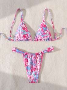 Women's Summer Beach Vacation Floral Print Exposed Neck Bikini Set, Suitable For Vacation, Beach Or Swimming Pool - Multicolor - View 3