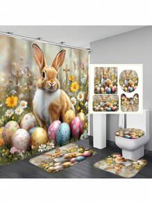Juego de cortina de ducha de 1 pieza/4 piezas con diseño de flores de primavera, mariposa, conejo y huevo, cortina impermeable con 12 ganchos, alfombra de baño, felpudo en forma de U, tapa del inodoro, divisor de baño, accesorios de baño, decoración de baño, flores del Día de la Madre, regalos personalizados para mamá, regalos de última hora, ideas para el Día de la Madre, regalos para el Domingo de la Madre, tarjetas hechas a mano para mamá, mejores regalos del Día de la Madre de menos de $50
