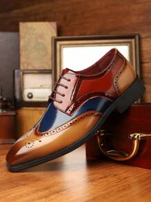 [Fast Arrival] Men's Wingtip Oxford Lace Up Formal Shoes, Fashionable Casual Street Style PU Leather Shoes, Round Headed Rubber Sole, All Season - Khaki - View 2