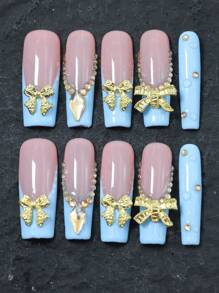 Conjunto de 10 peças/conjunto de unhas artísticas de caixão longo Y2K feitas à mão, azul-bebê, degradê, bolinhas e design de padrão assimétrico, laço adequado para festas, casamentos, uso diário, inclui strass, vem com ferramentas, pode ser presente para mulheres e meninas, unhas de dia dos namorados, primavera e verão, suprimentos para unhas