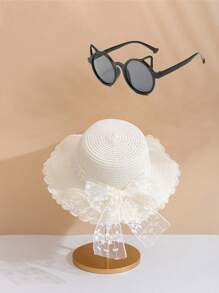 1/2pcs Children's Sun Hat, Girls' New Summer Straw Hat, Baby Travel Sun Protection Beach Hat, Fresh Bucket Hat, Cute European And American Cat Eye Glasses, Children's Fashionable Glasses - White - View 14