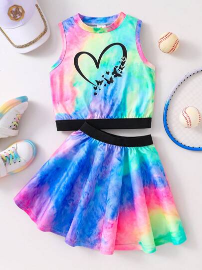 2pcs/Set Girls Summer Fashion Simple & Cute New Style Young Girl Clothing, Girls Round Neck Tank Top + Mini Skirt, Girl Casual All-Match Versatile Set For Daily, Outdoor, Party