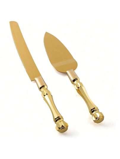 2pcs Gold Elegant Cake Knife And Server Set, Cake Server And Knife Set Of 2 With Stainless Steel Plated Thick Blades, Cake Cutting Set For Wedding, Birthdays, Anniversaries, And Parties ﻿