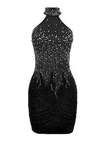 Sleeveless Halter Neck Sparkling Rhinestone Package Hip Short Suitable For Party Dinner Dress Wedding,Cocktail - Black - View 5