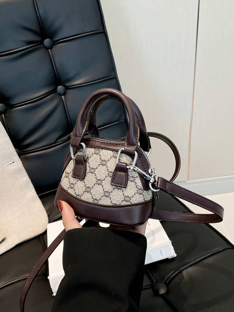 Mini Handbag, New Rhombus Color Blocking Retro Shell Shape Shoulder Bag, Vintage Style , Vintage Bag - Coffee Brown - View 6