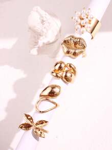 Set de 5 anillos de lujo únicos y elegantes con geometría exquisita, perlas falsas y mariposas y flores para los labios, adecuado para festivales, fiestas y uso diario