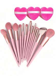 13件套专业化妆刷套装 + 3个心形粉色化妆海绵套装，包含眼影、粉底、BB霜、遮瑕膏、腮红、散粉等，柔软易晕染，是打造精致妆容的理想之选。这款化妆刷套装包含各种化妆工具，是化妆刷套装、化妆刷套装、全套化妆工具、化妆刷套装、化妆礼盒套装等。 - 粉色 - 查看 1