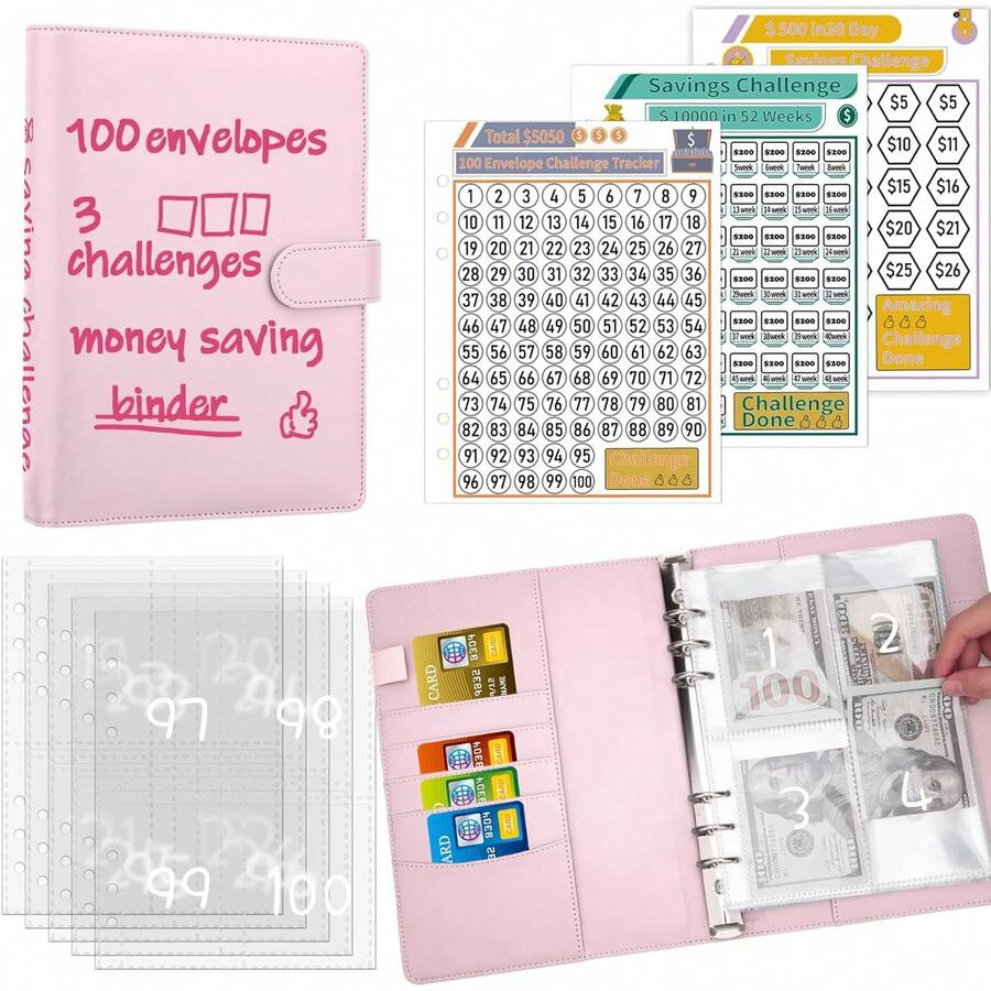 100 Envelopes Challenge Binder Savings Challenges Book To Save $5,050 And $500 And $10,000, A5 Money Saving Planner Budget Binder With Cash Envelopes - A5 - View 1