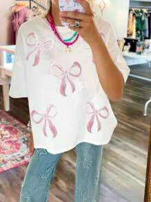 Spring Summer Sequin Bow Knot Drop Shoulder Tee