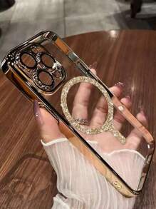 1pc Transparent Electroplated Shockproof Silicone Case With Glitter Magnetic Ring, Protective Phone Case Made Of TPU Material Compatible With IPhone 15 Pro Max, 16 Pro Max, 16 Pro, 11, 12, 13, 14 Pro Max, 14 Pro, 13 Pro Max, 16, 17, 17 Pro, 17 Pro Max, Supports Wireless Charging - Gold - View 2