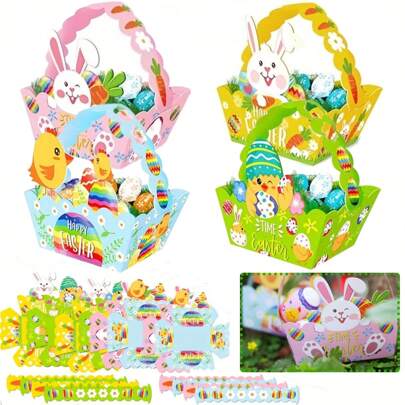 8/12/16 件装复活节礼盒，带提手，卡通篮子设计，纸质糖果盒，可爱复活节彩蛋、兔子、小鸡图案，DIY 礼盒包装盒，适用于春季复活节派对礼品用品