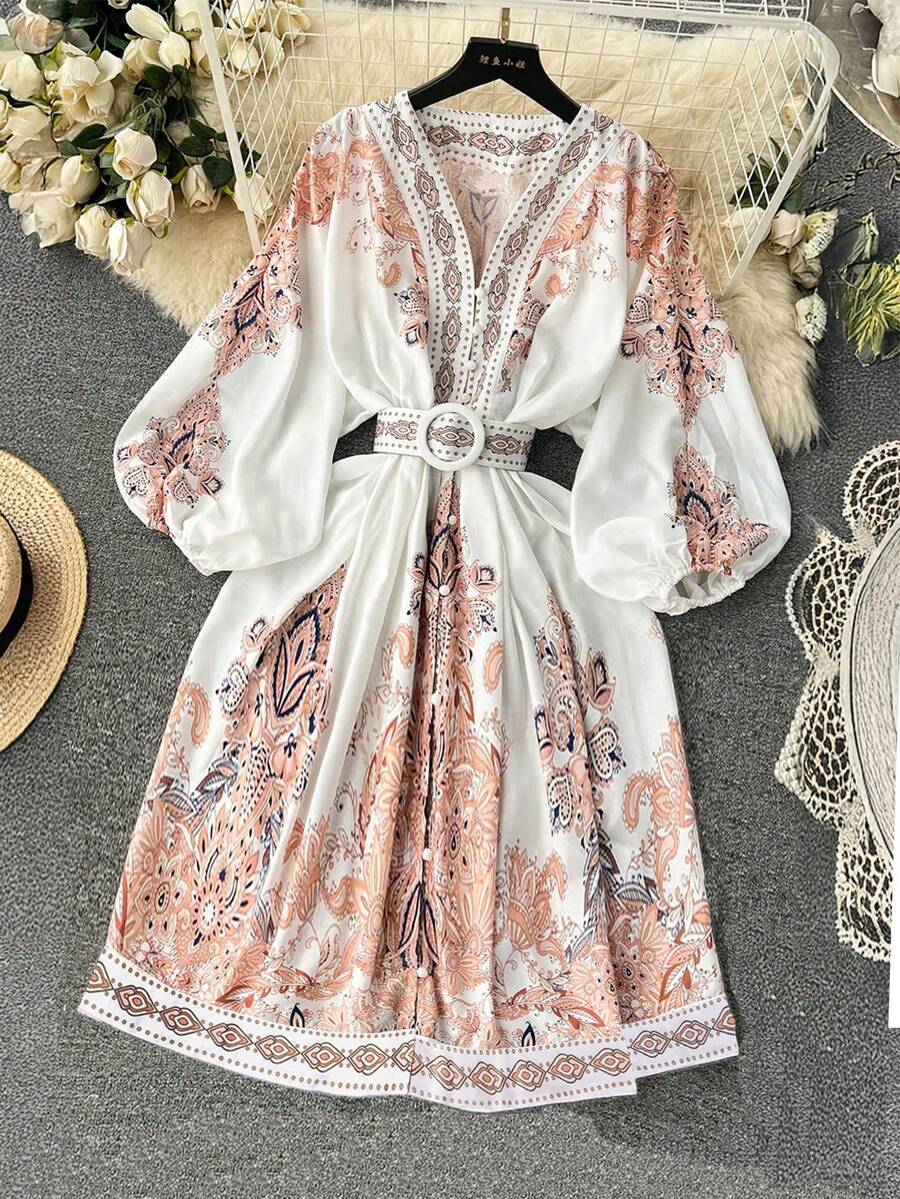 Long Floral Print Balloon Sleeve Button Front Dress - Yellow - View 1