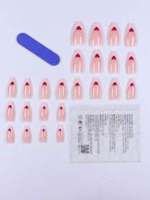 Valentine'S Day Y2K Style 24Pcs Press On Nails Long Almond French & Red Heart Pattern Design Fake Nail Set,Contain 1Pc Jelly Glue And 1Pc Nail File, Suitable For Women And Girls, Daily Life And Parties Nail Supplies Nails