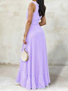 Women's Elegant Off Shoulder Deep V Neck Ruffle Leg Slit Maxi Dress - Lilac Purple - View 2
