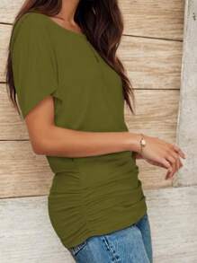 KAHULE Women's  Boat Neck Dolman Top With Side Shirring  Solid Short Sleeve Casual Loose Fit T-Shirt