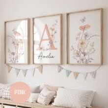 3pcs/Set, Custom Name Wildflowers Wall Art, Personalized Floral Nursery Wall Art Set, Custom Watercolor Flowers Poster Printing, Flower Theme Room Decoration - Set Of 3 Boho Posters - Personalized Birth Gift - Custom Flower Initial Wall Art Gifts Birthday Graduation