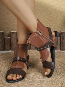 Women's Fashion-Forward Studded And Zipper Detail Open Toe Flat Sandals, Bohemian-Punk Style Suitable For Fashionable Women's Casual And Festive Occasions In Summer, Brown Synthetic Leather Women Sandals