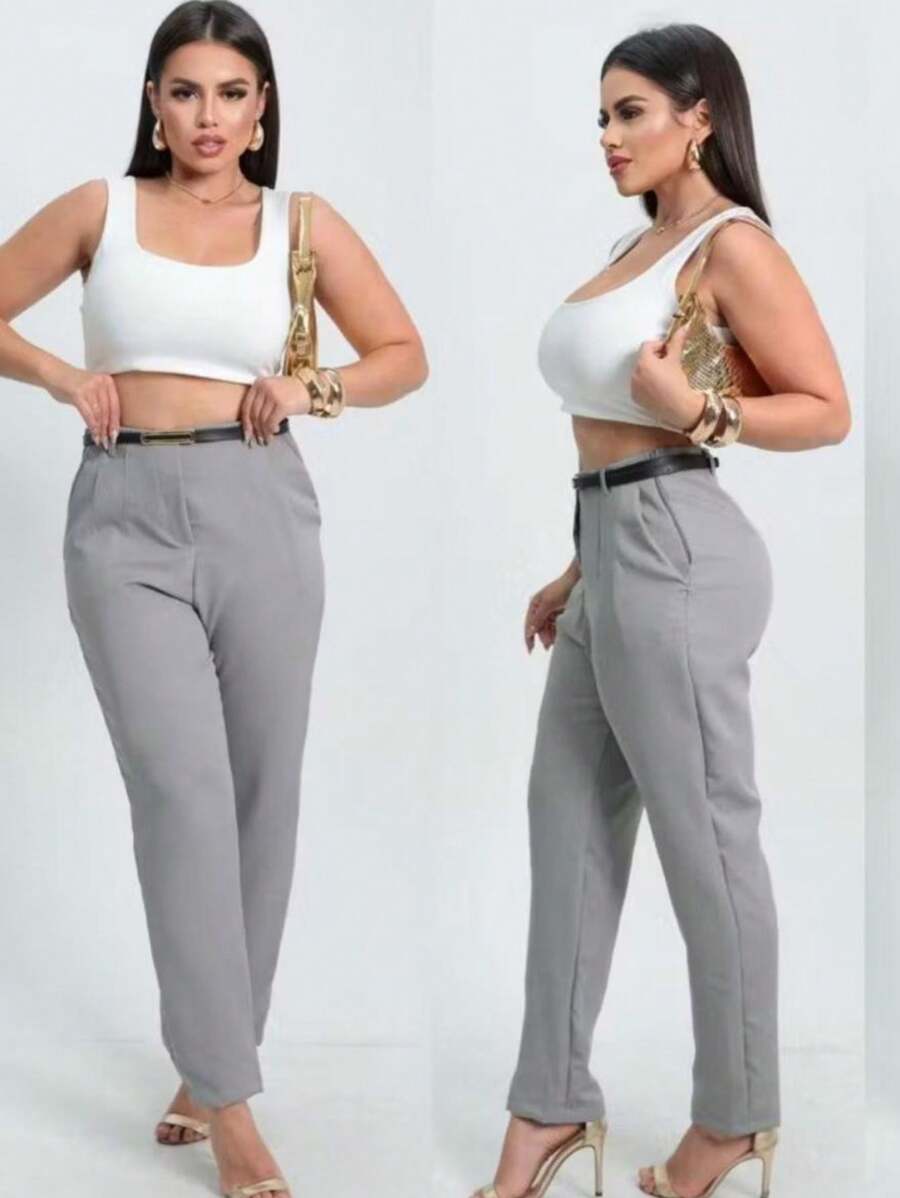 Calça Social Feminina Alfaiataria Com Cinto Zaraa - Cinza - Visão 1