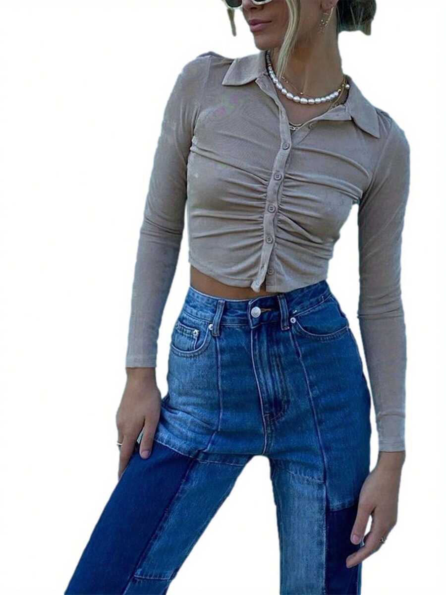 Women Close-fitting Solid Color Shirt, Long Sleeve Turn-down Collar Tops, Blue/ Black/ Green/ Grey - Caqui - Ver 1