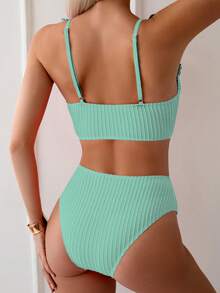 Conjunto de bikini de verano con rayas, volantes y cintura alta - verde menta - Ver 2