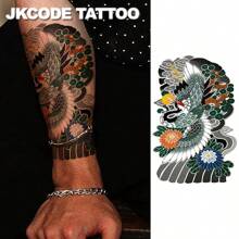 JKCODE TATTOO Orientalisches Kranich-Arm-Tattoo - temporäres Tattoo mit schwarz, rot und grün Tintenmalerei des Rotscheitel-Kranich Totems, geeignet für Arm, Hand und Rücken, hält 3-5 Tage - Verschiedenfarbig - Übersicht 5