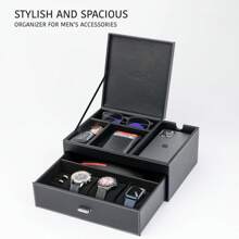 Mens Jewelry Box Organizer & Dresser Valet Tray - Premium Nightstand Station For Watches, Rings, And Accessories - Stylish Mens Dresser Top Organizer With Multiple Compartments And Soft Lining - 1 - 查看 2