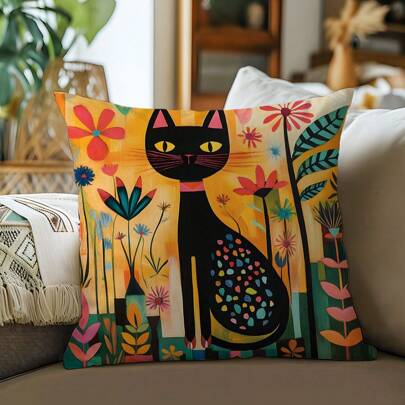 1 peça capa de almofada decorativa impressa de um lado 17,7*17,7 pol. com gato preto abstrato e padrão geométrico floral colorido, capa de almofada de decoração para sala de estar, sofá, quarto, decoração para reunião diária, presente