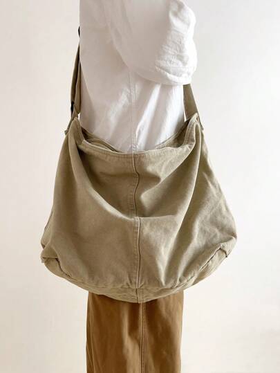 Japanese-Style Minimalist Large Capacity Canvas Crossbody Bag, Vintage Washed Casual Versatile Zipper Foldable Shoulder Bag, Suitable For Daily Use, College Students, Travel