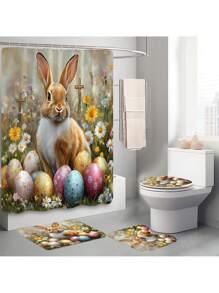 Juego de cortina de ducha de 1 pieza/4 piezas con diseño de flores de primavera, mariposa, conejo y huevo, cortina impermeable con 12 ganchos, alfombra de baño, felpudo en forma de U, tapa del inodoro, divisor de baño, accesorios de baño, decoración de baño, flores del Día de la Madre, regalos personalizados para mamá, regalos de última hora, ideas para el Día de la Madre, regalos para el Domingo de la Madre, tarjetas hechas a mano para mamá, mejores regalos del Día de la Madre de menos de $50