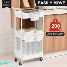 3-Tier Utility Rolling Cart,Mobile Utility Cart With Lockable Caster Wheels,Storage Shelves Organizer Cart, 3 Hanging Baskets, Easy Assembly,For Bathroom, Kitchen, Office, Workshop - 白色 - 查看 5